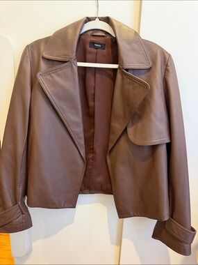 Theory Chocolate Brown Leather Cropped Jacket